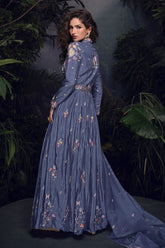 Purple Chinon Floral Embroidered Notched Lapel Neckline Anarkali Suit